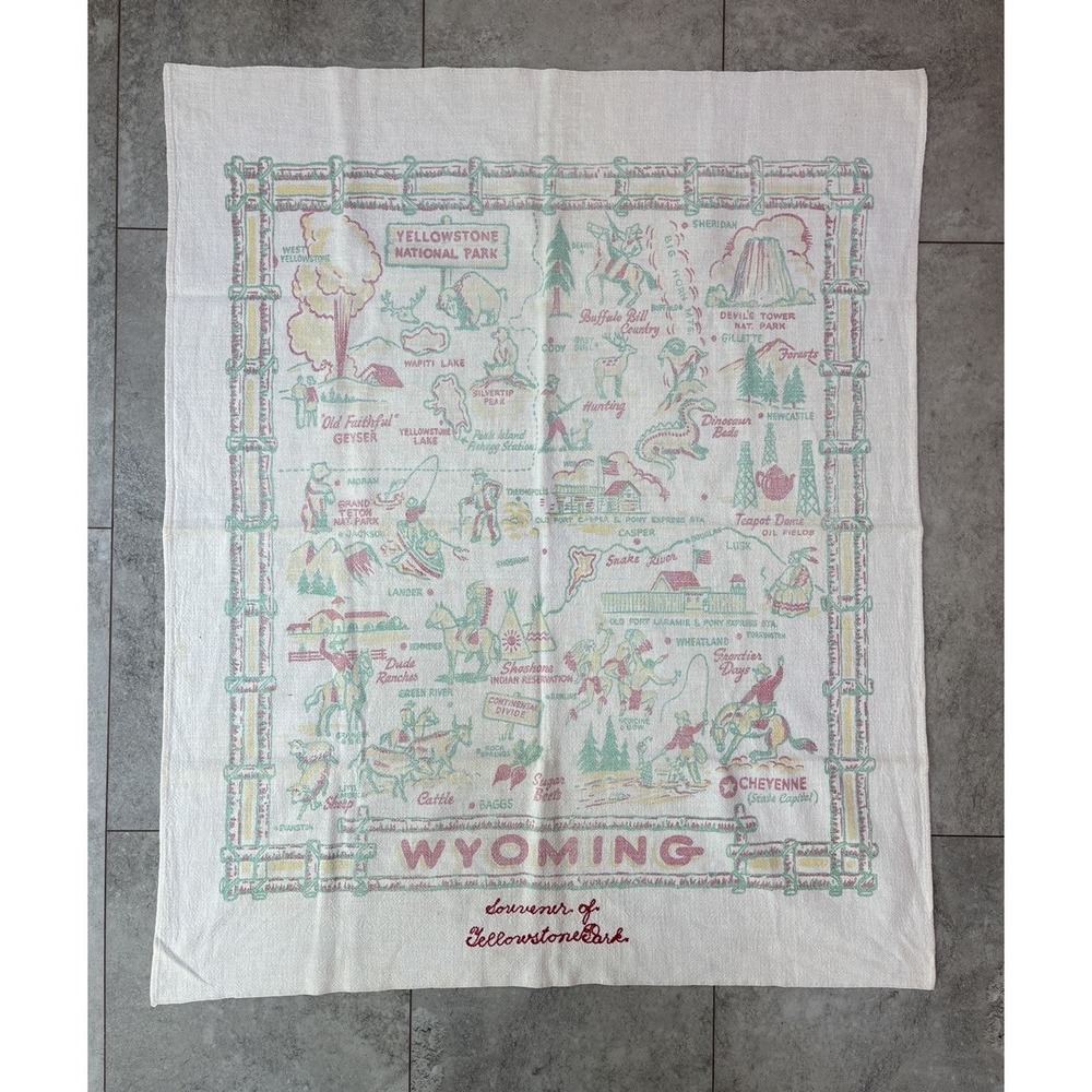 Vintage Wyoming Cotton Map 37"x30" Yellowstone National Park Americana Road Trip